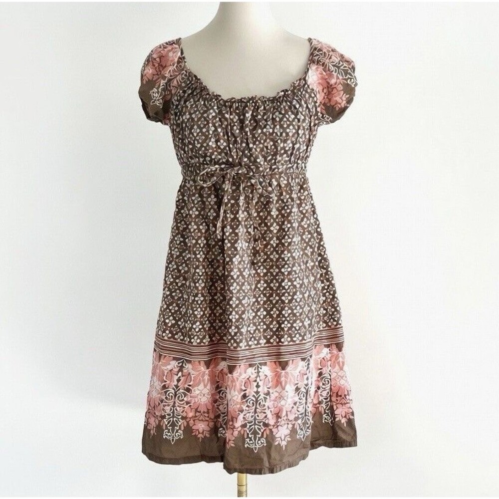 So Wear It Declare It Y2K Brown Pink Floral Tie Waist Babydoll Dress Womens sz M